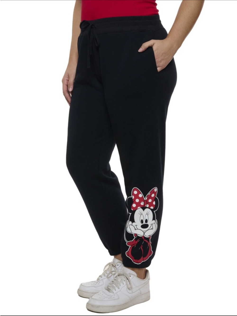 Disney Sz 2X Black Minnie Mouse Graphic Jogger Pants with Red Accents & Pockets